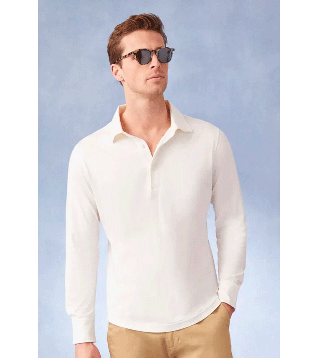 Luca Faloni Model Wearing White Silk-Cotton Polo Shirt