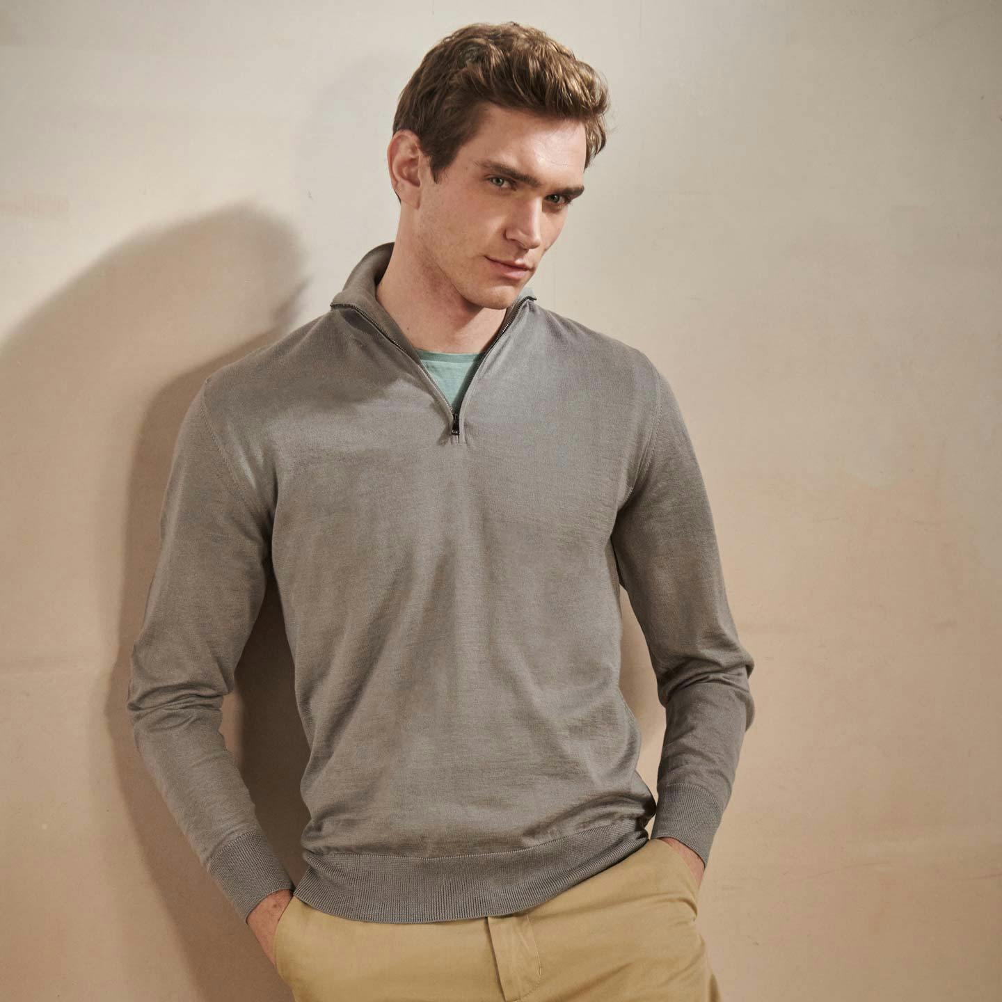 Luca Faloni Model Wearing Silk-Cashmere Quarter Zip Jumper