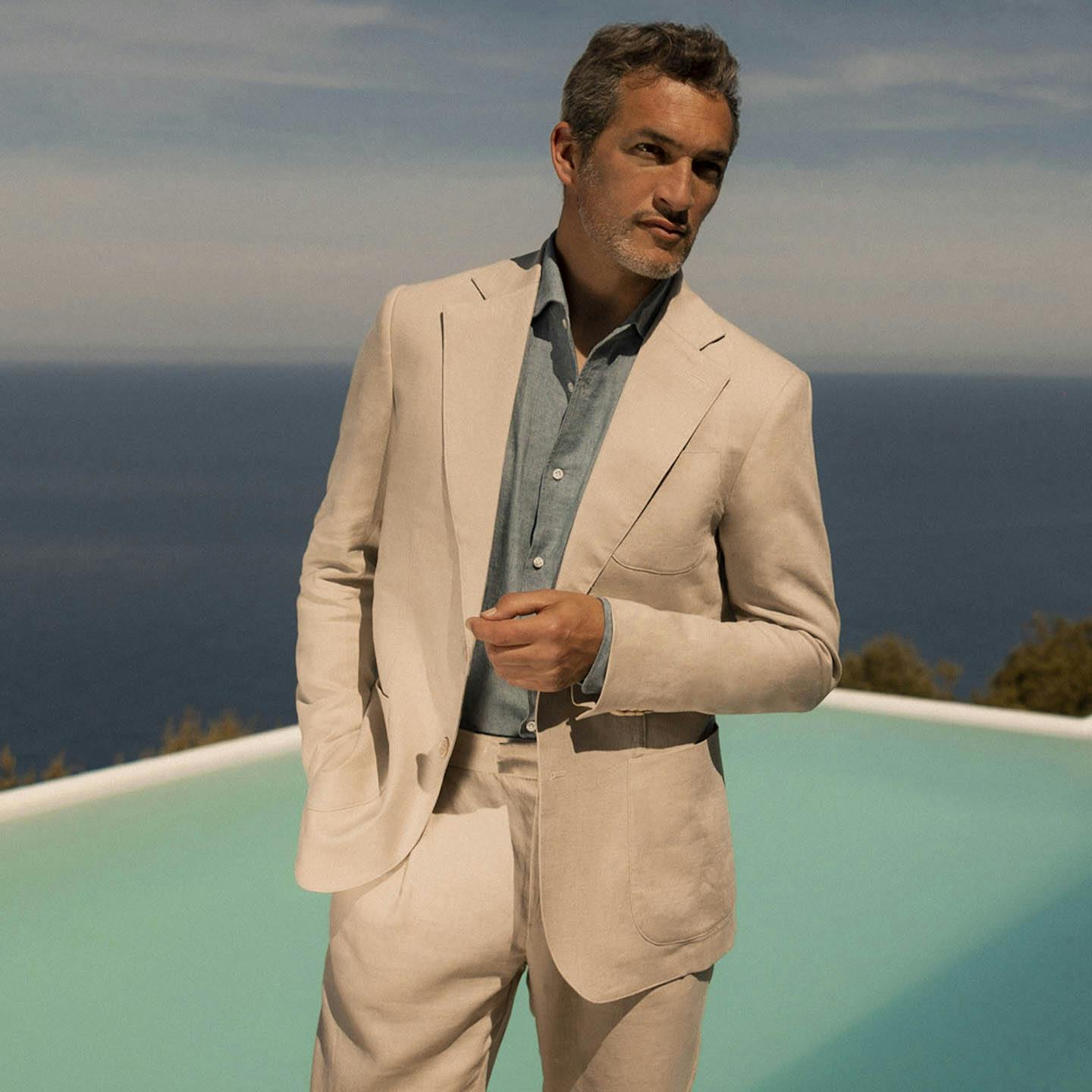 Luca Faloni Model Wearing Linen Suit With Classic Linen Shirt