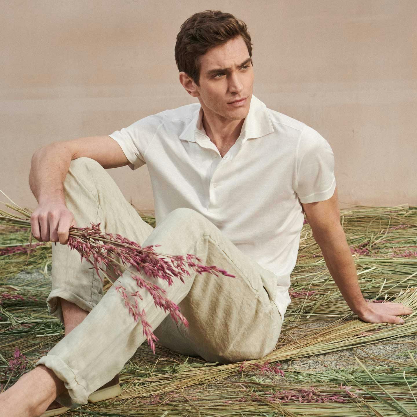 Luca Faloni Model Wearing Silk-Cotton Polo and Linen Trousers