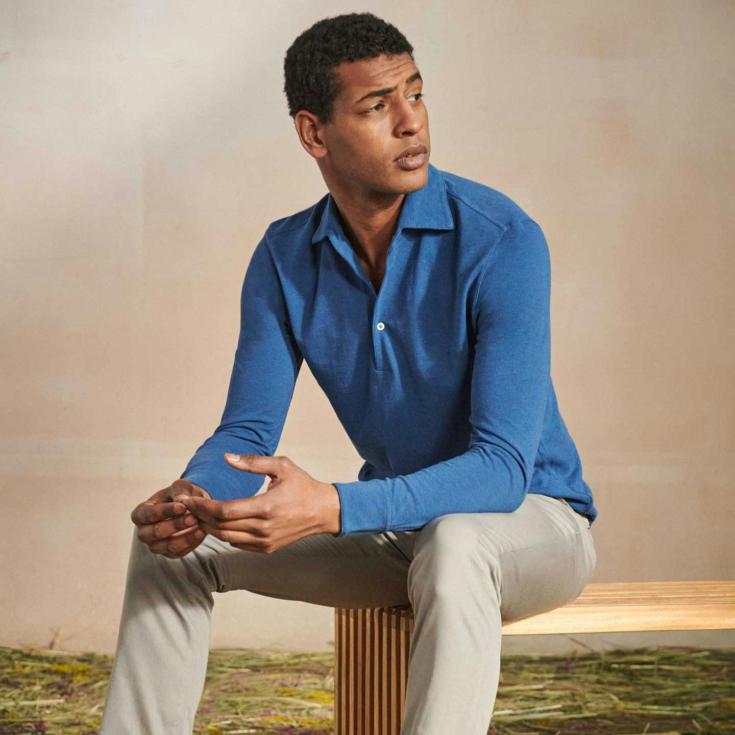 Luca Faloni Model Wearing Cotton Piqué Polo Shirt and Cotton Chinos