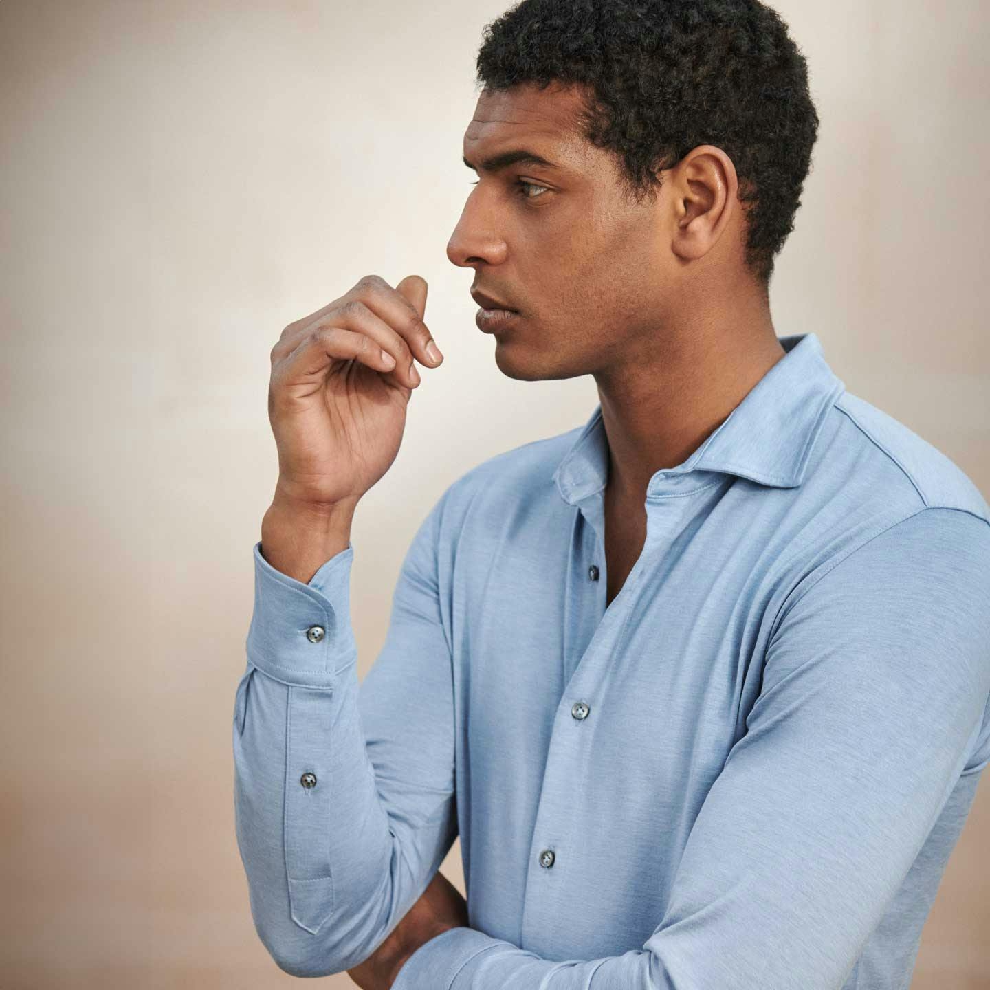 Luca Faloni Model Wearing Silk-Cotton Shirt