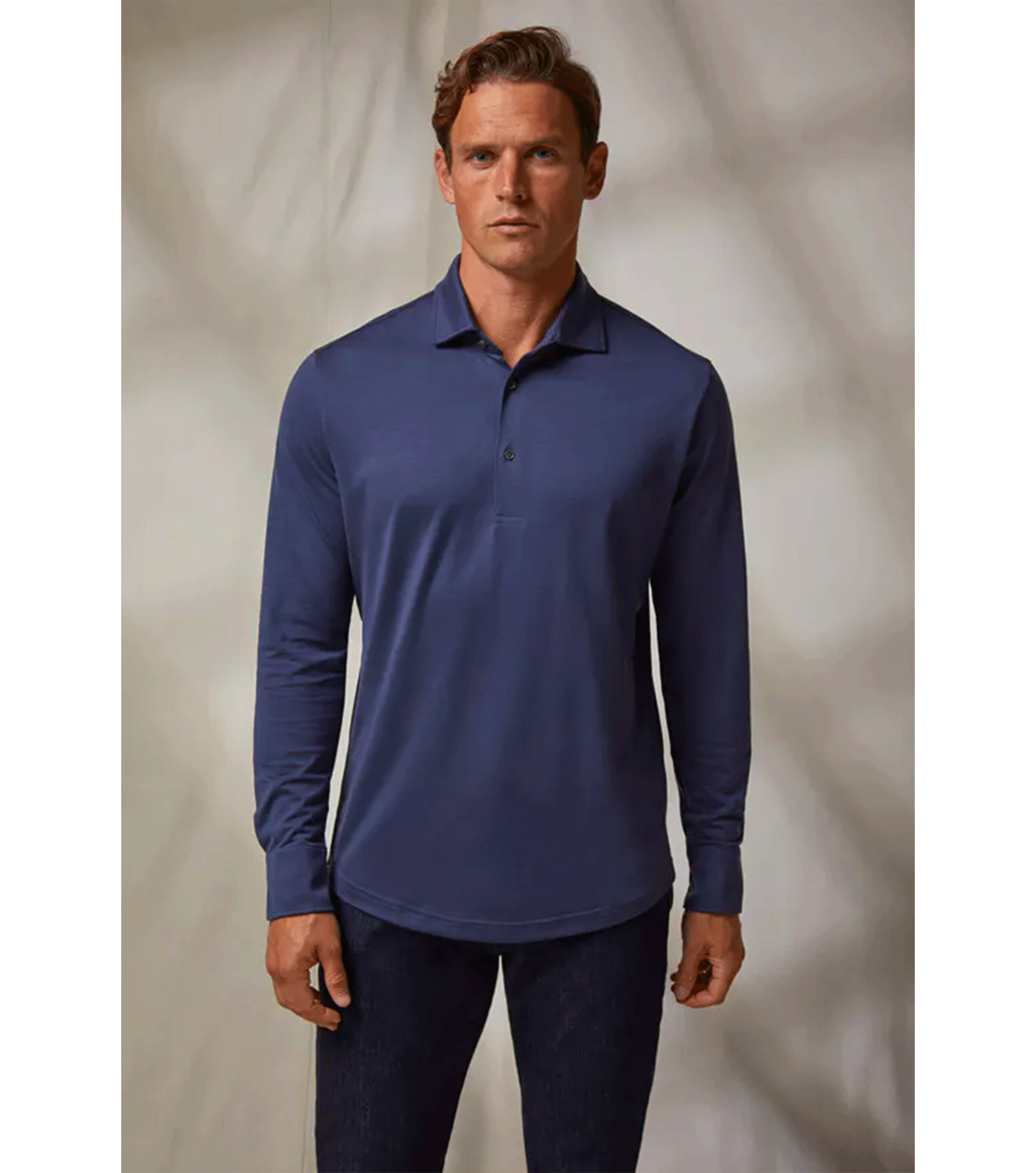 Luca Faloni Model Wearing Blue Silk-Cotton Polo Shirt