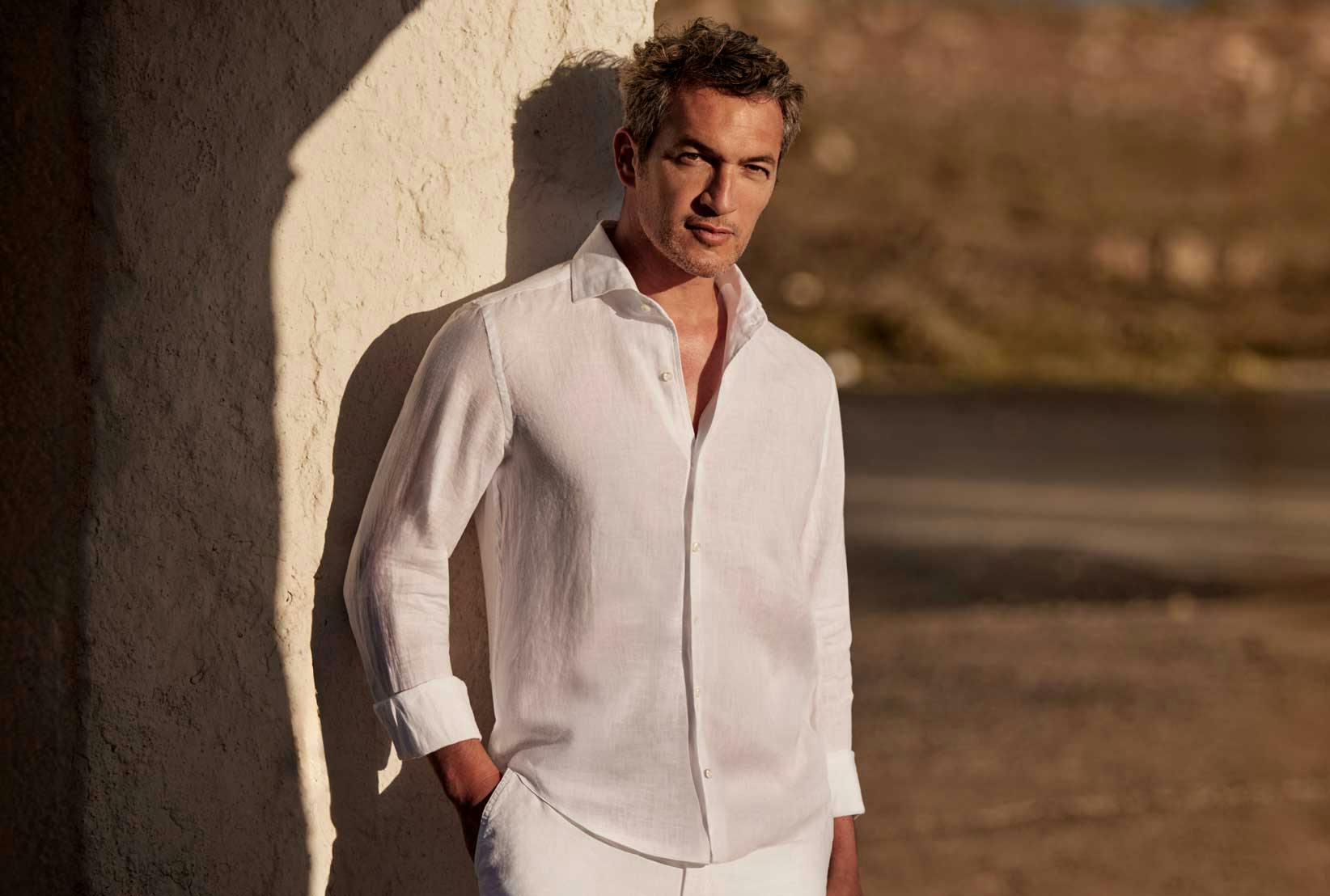 Luca Faloni Model Wearing White Classic Linen Shirt
