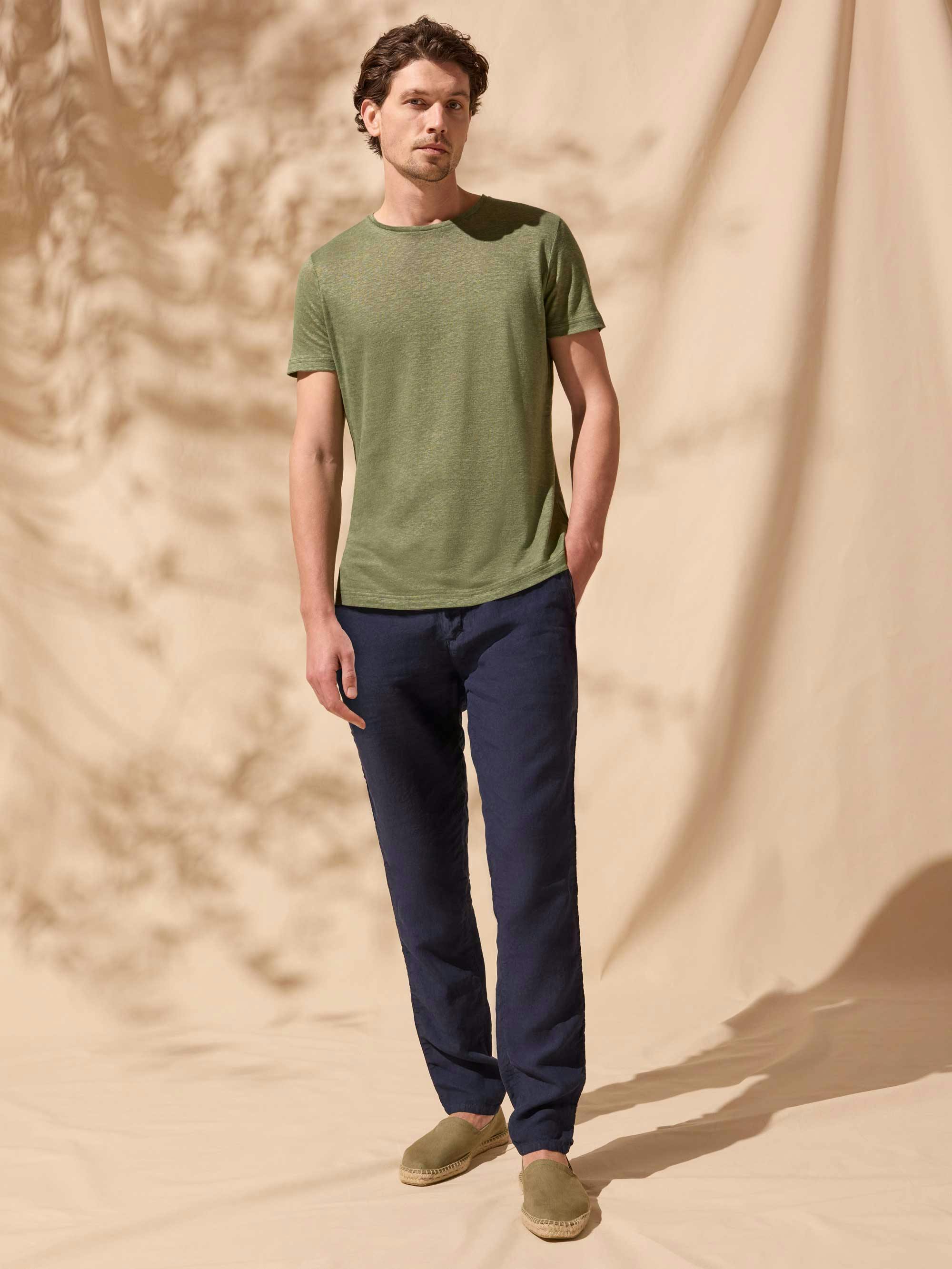 Luca Faloni Model Wearing Linen Jersey T-Shirt and Linen Trousers