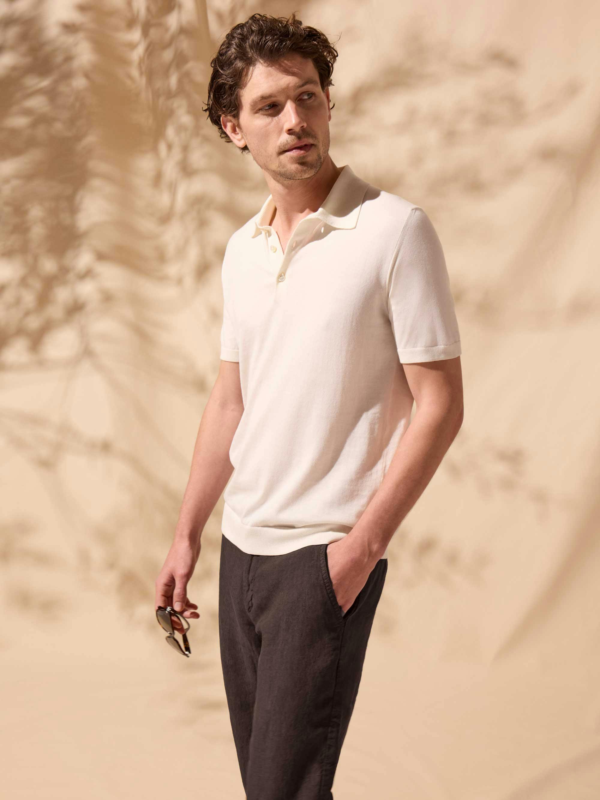 Luca Faloni Model Wearing Knitted Polo Shirt and Linen Trousers