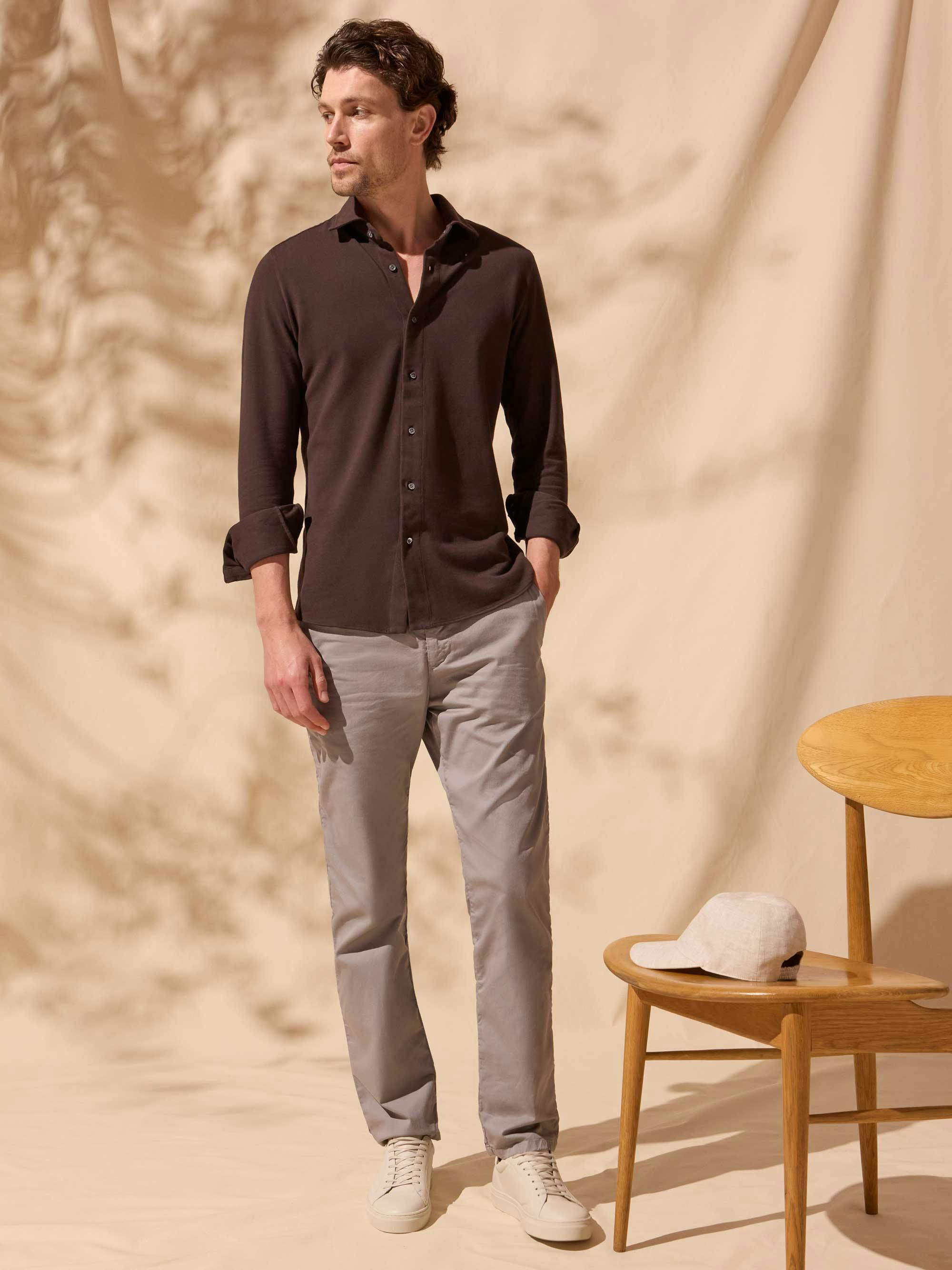 Luca Faloni Model Wearing Cotton Piqué Shirt and Cotton Chinos