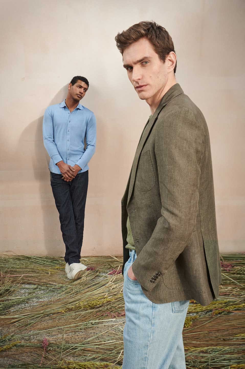 Luca Faloni Model Wearings Linen Blazer and Silk-Cotton Shirt