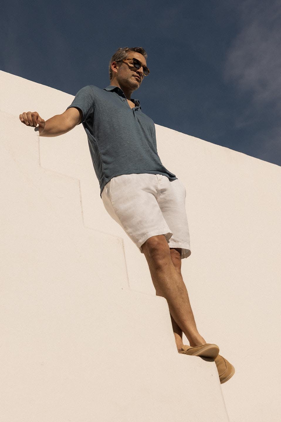Luca Faloni Model Wearing Linen Jersey Polo and Linen Shorts