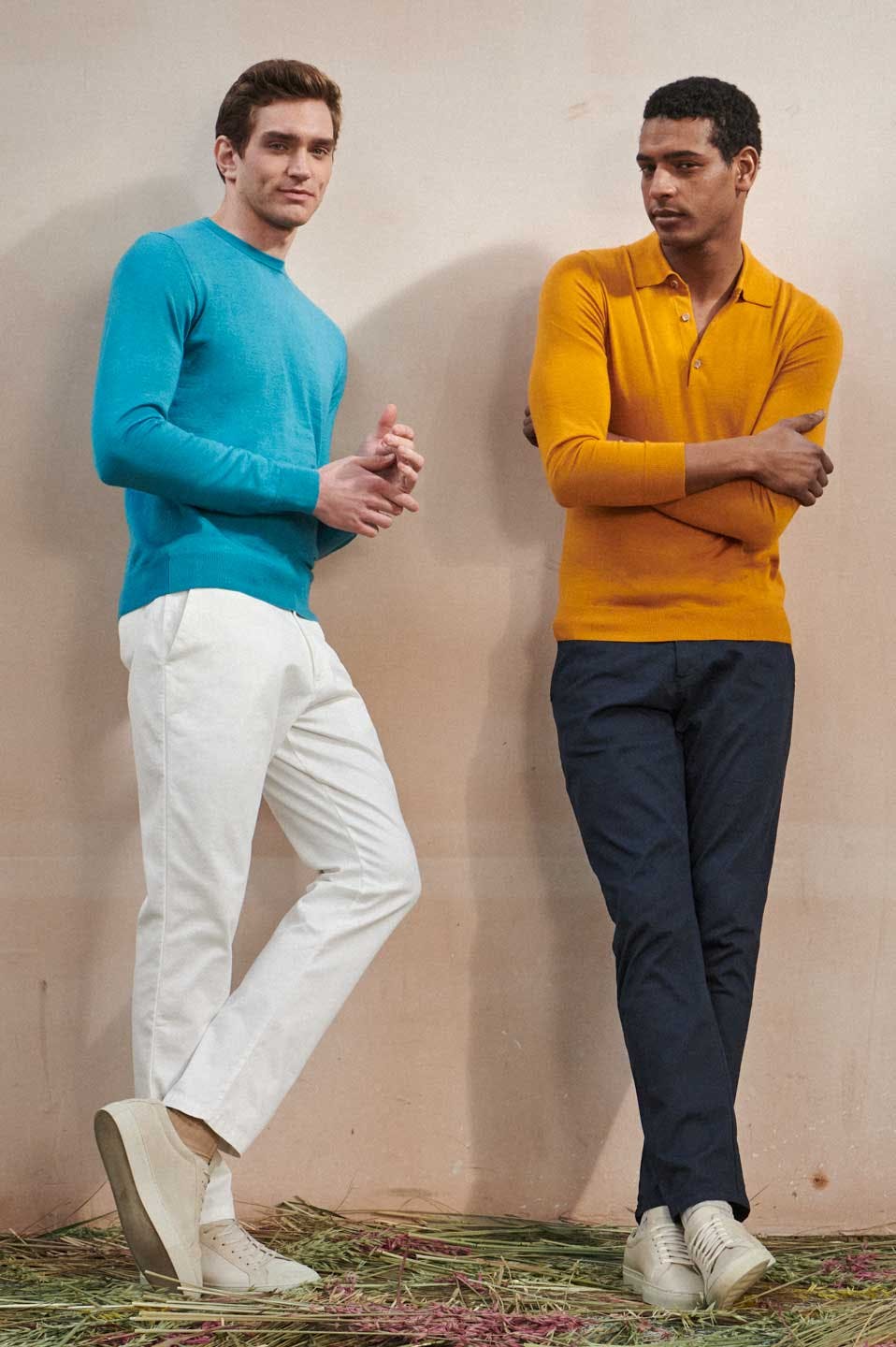 Luca Faloni Model Wearing Crew Neck and Polo Sweater in Silk-Cashmere with Lightweight Cotton Chinos