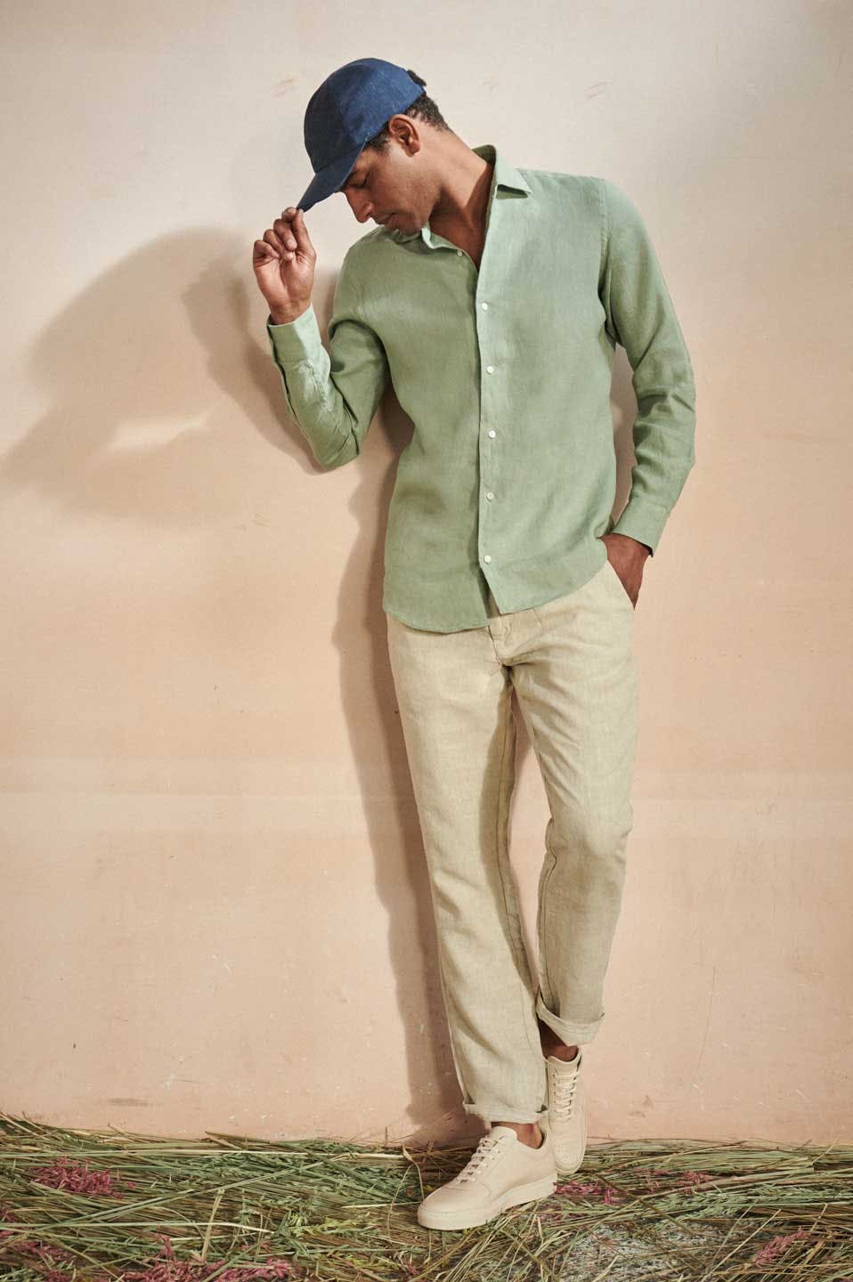 Luca Faloni Model Wearing Classic Linen Shirt and Linen Trousers with a Linen Baseball Cap