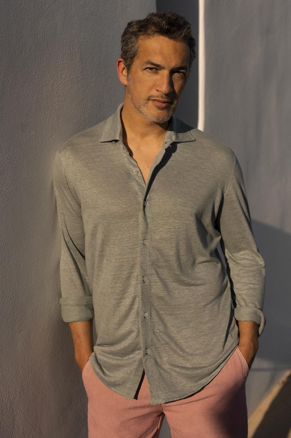Luca Faloni Model Wearing Linen Jersey Shirt and Linen Shorts