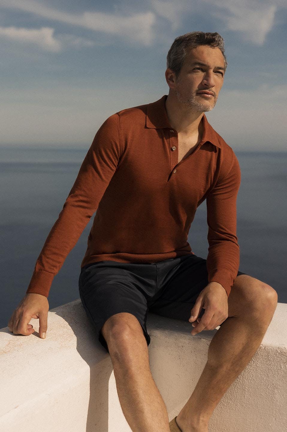 Luca Faloni Model Wearing Silk-Cashmere Polo and Cotton Shorts