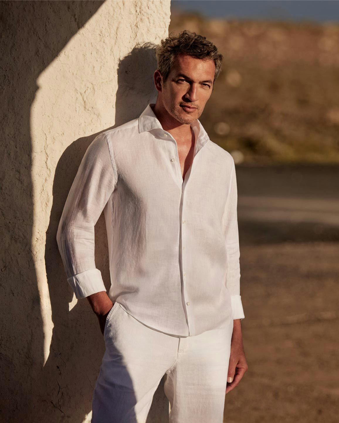 Luca Faloni Model Wearing Classic Linen Shirt and Linen Trousers