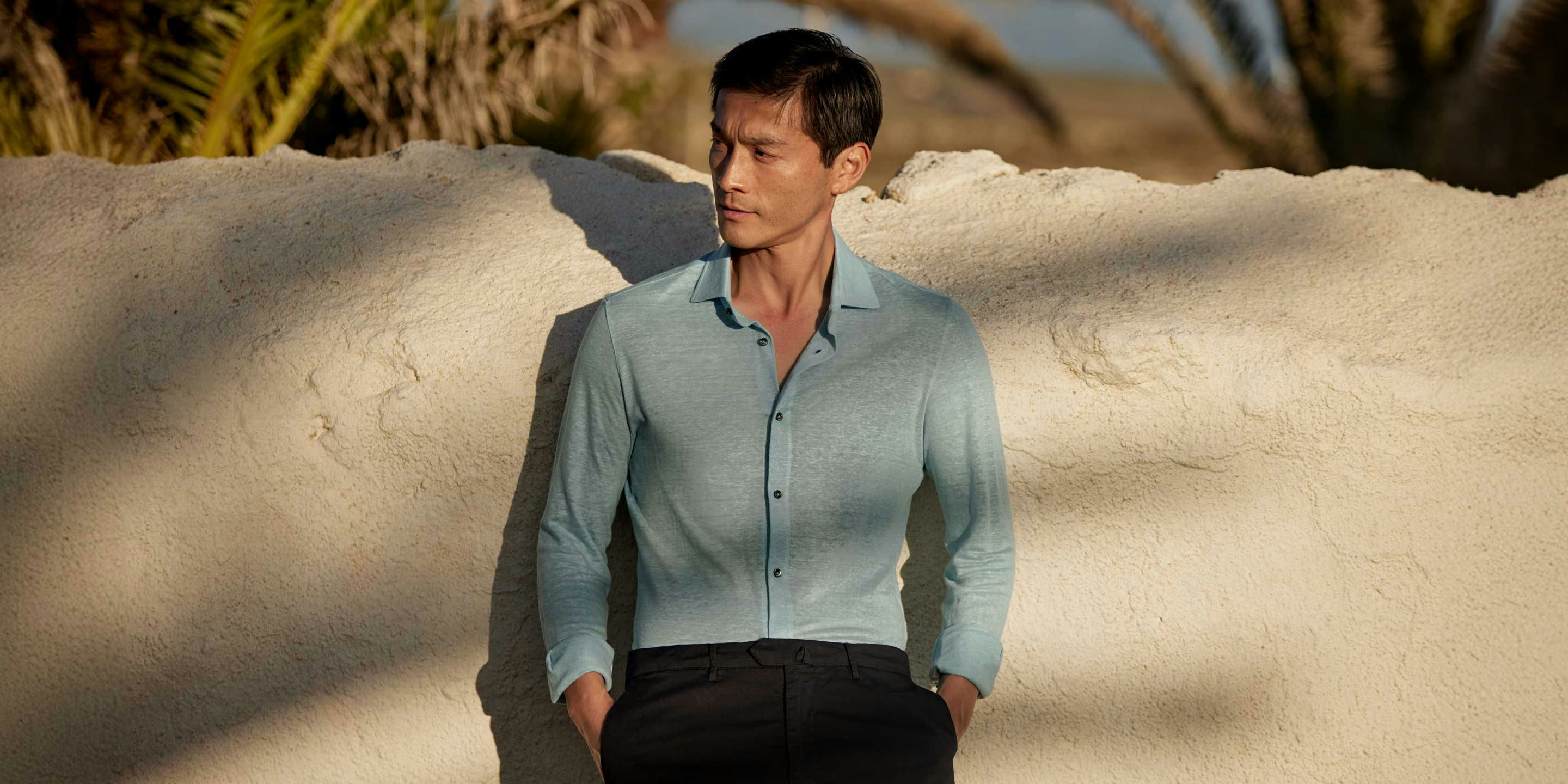 Luca Faloni Model Wearing Linen Jersey Shirt with Cotton Shorts