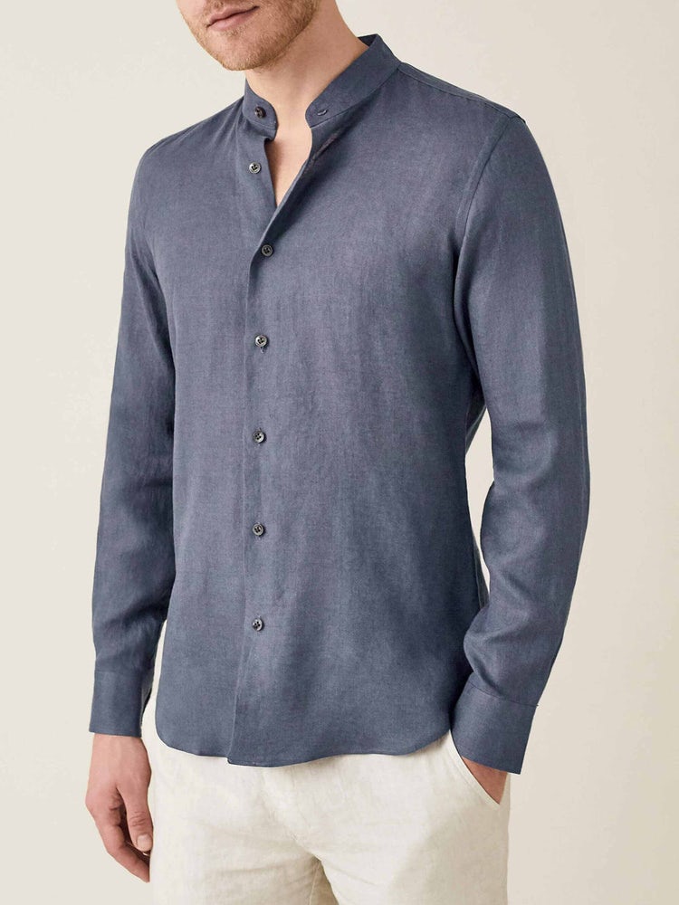 Designed with a straight silhouette, the Men's French Linen Washed Stand  Collar Shirt has a looser fit around the body. Currently on 20