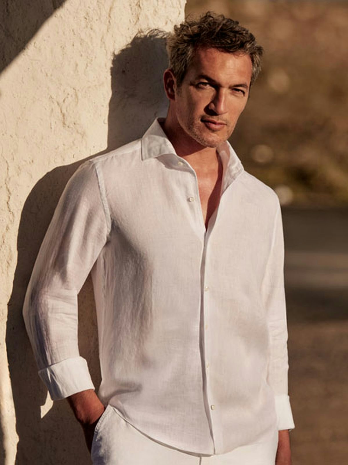 Luca Faloni Model Wearing White Classic Linen Shirt