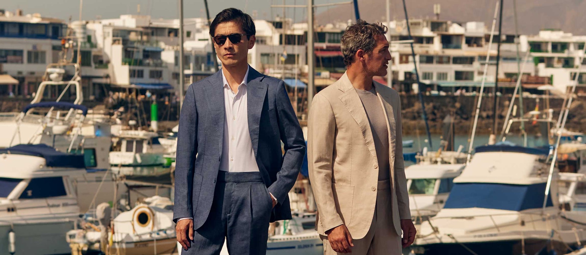 Luca Faloni Models Wearing Linen Suits in Azure Blue and Sand Beige