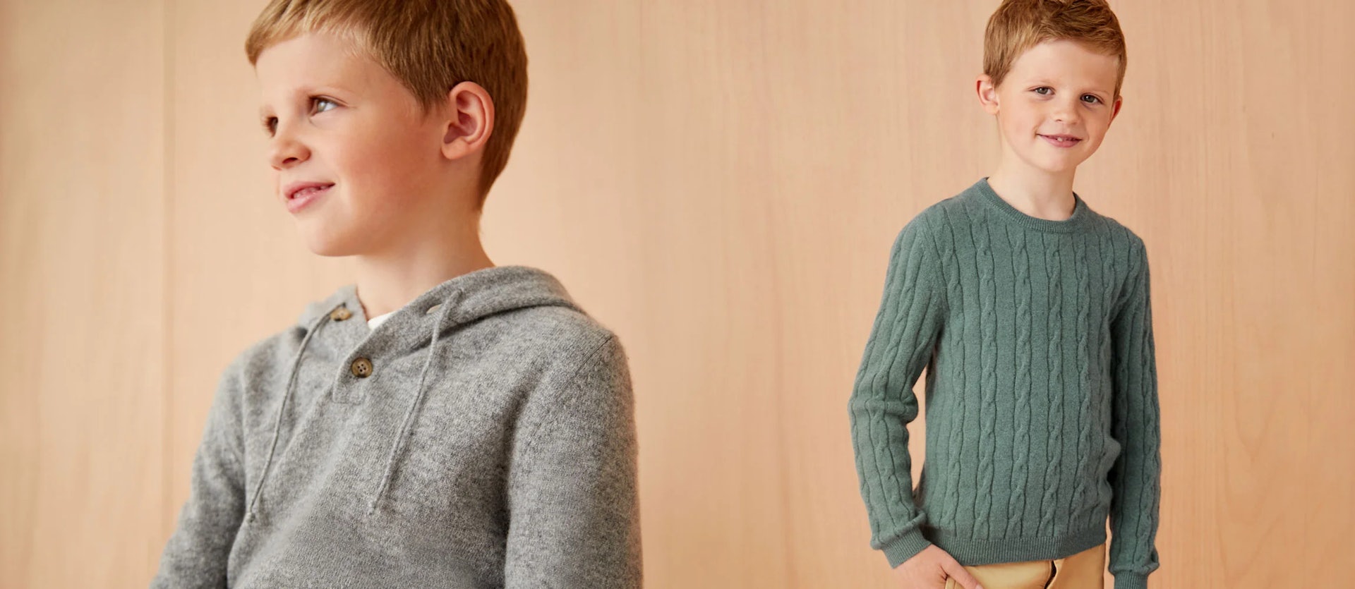 Luca Faloni Models Wearing Junior Grey Hoodie and Marine Green Cable Knit