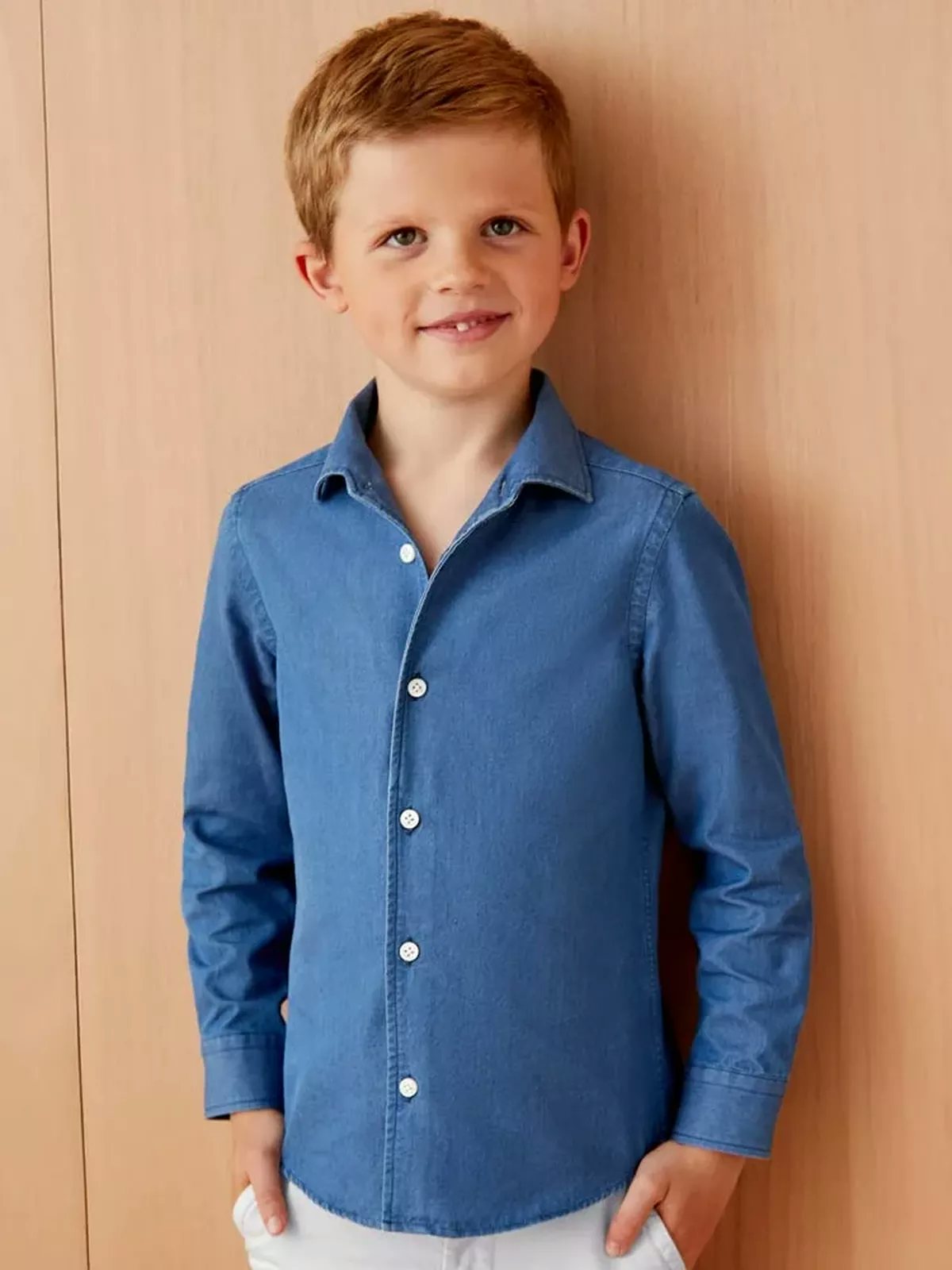Luca Faloni Junior Model Wearing Blue Denim Shirt