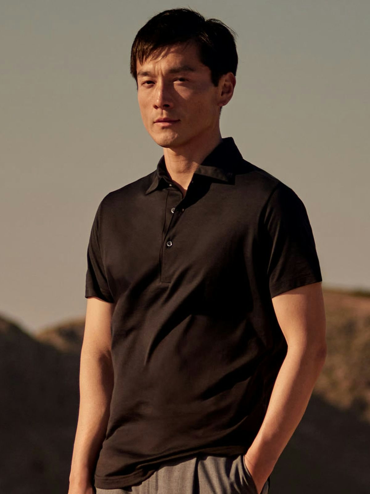 Luca Faloni Model Wearing Charcoal Grey Silk-Cotton Polo