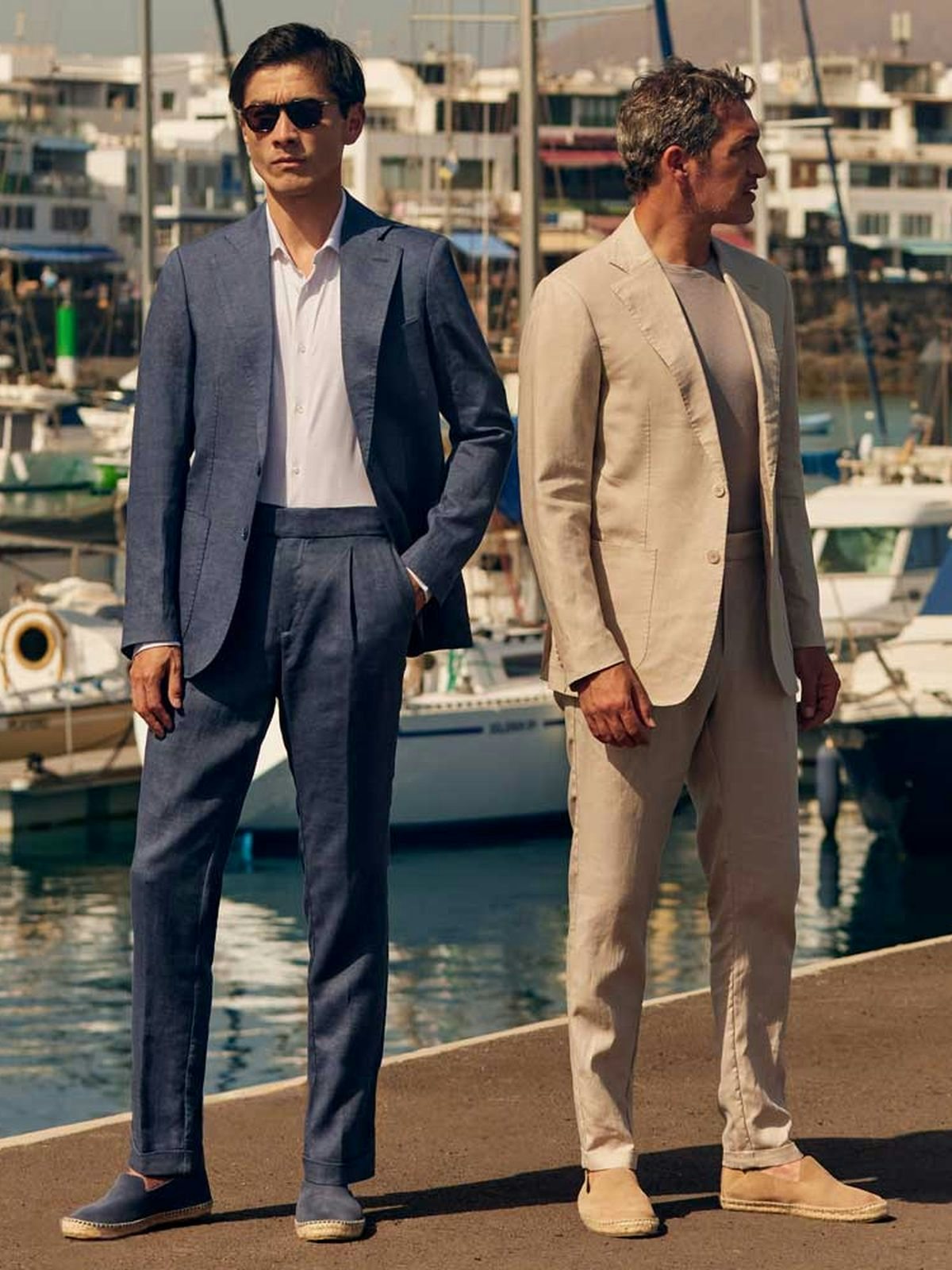 Luca Faloni Models Wearing Linen Suits in Azure and Sand