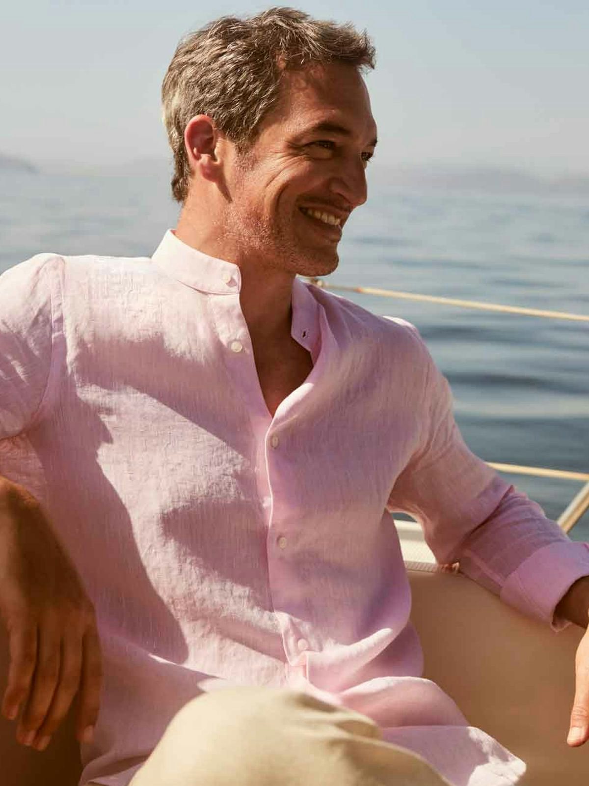 Luca Faloni Model Wearing Pink Band Collar Linen Shirt