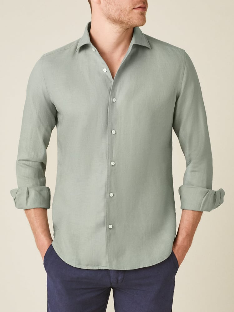 Green Aloe Washed Linen Shirt, Regular Fit